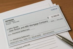 Claim check with mortgage company listed for NJ insurance payout
