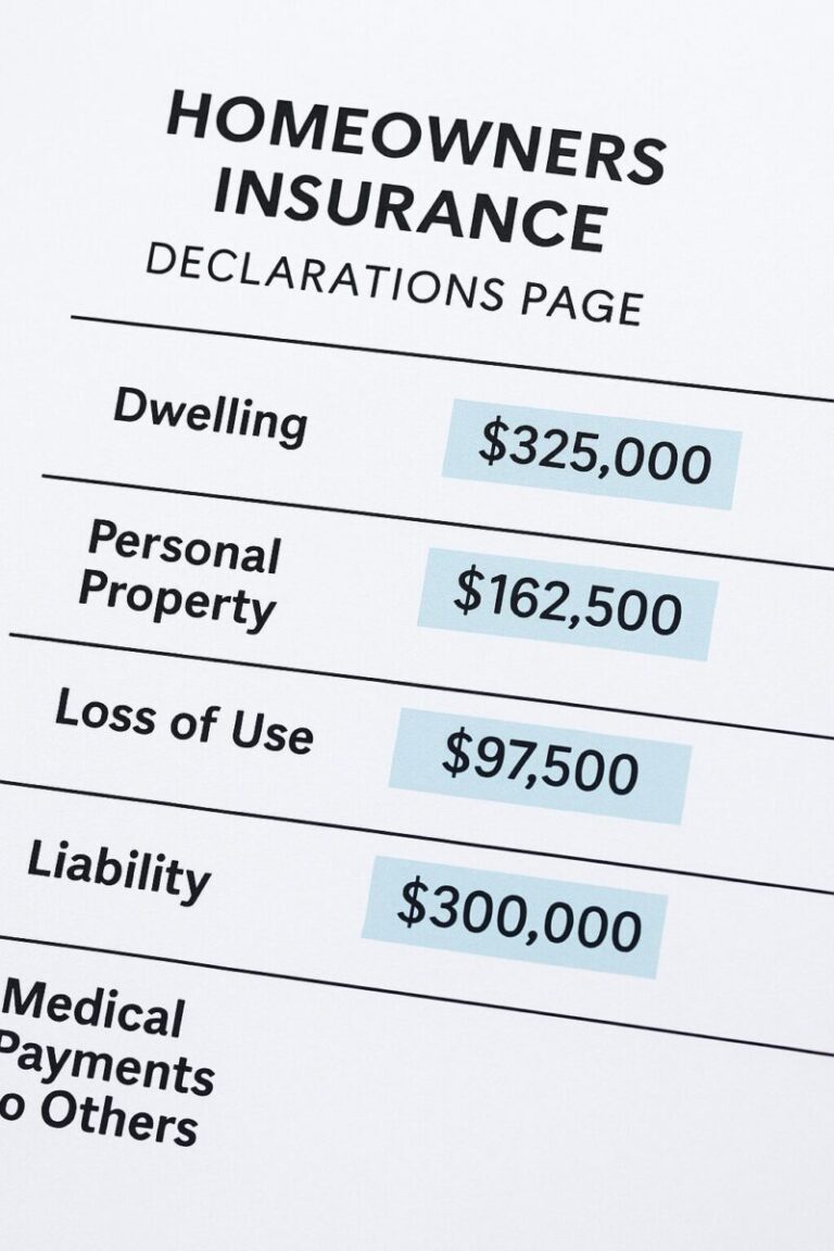 Homeowners insurance declarations page showing coverage limits in NJ