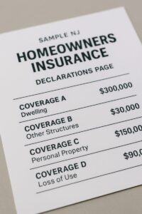 Sample NJ homeowners insurance declarations page showing standard coverage limits