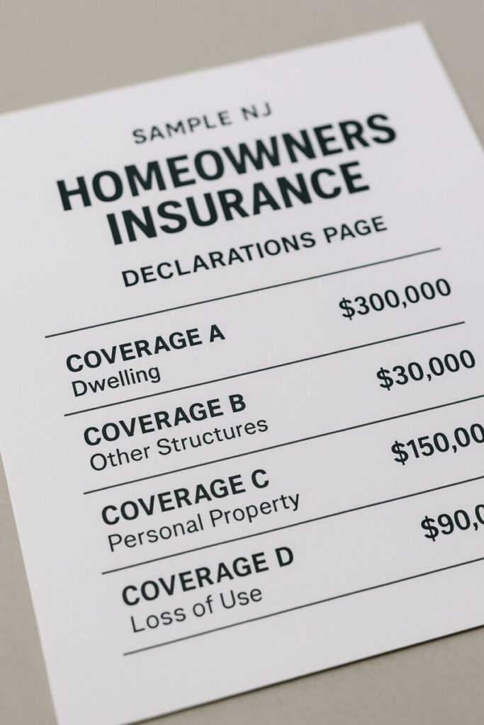 Sample NJ homeowners insurance declarations page showing standard coverage limits