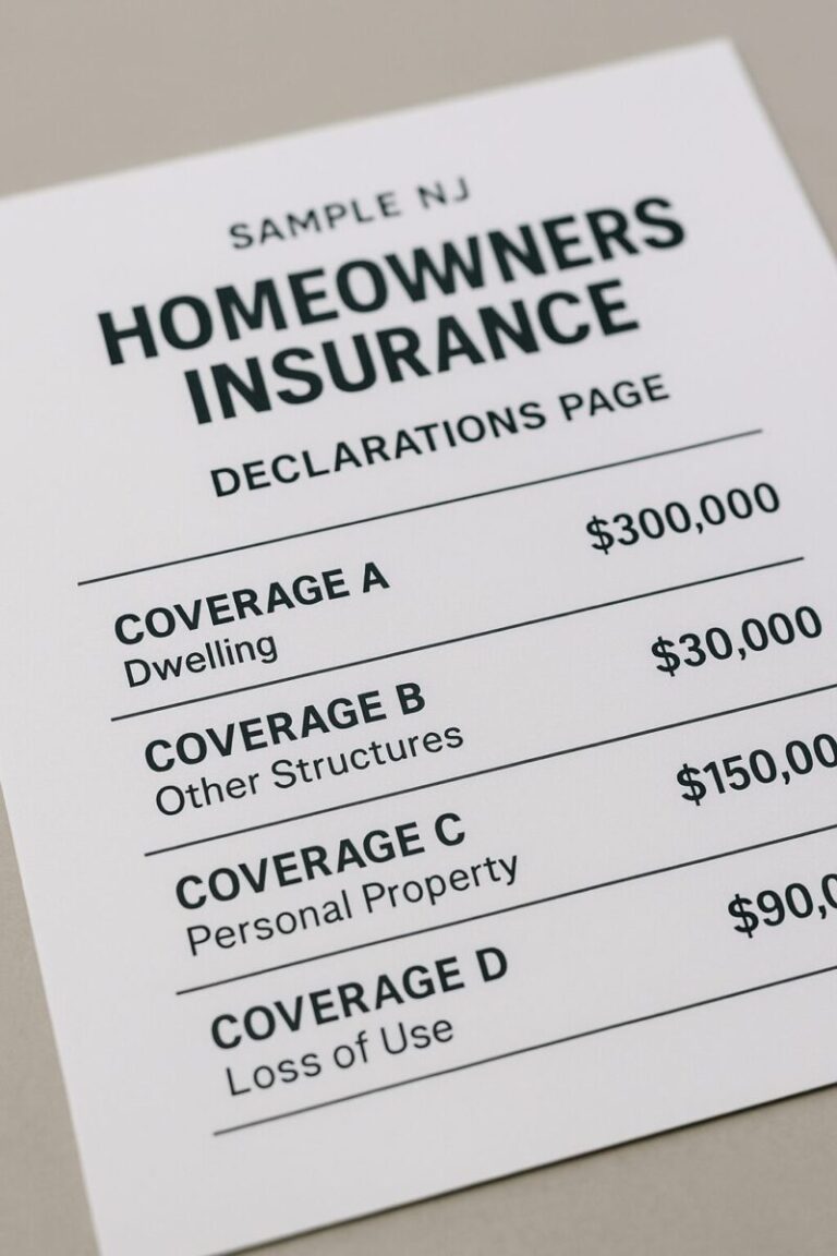 Sample NJ homeowners insurance declarations page showing standard coverage limits