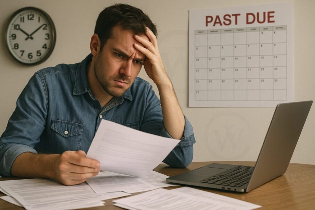 Frustrated New Jersey homeowner at a kitchen table surrounded by paperwork, staring at a bill while a "Past Due" calendar and clock loom in the background.