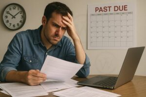 Frustrated New Jersey homeowner at a kitchen table surrounded by paperwork, staring at a bill while a "Past Due" calendar and clock loom in the background.