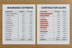 Comparison of insurance estimate vs contractor scope in New Jersey claim