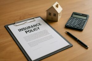 an insurance policy sitting on the table next to a pen and calculator