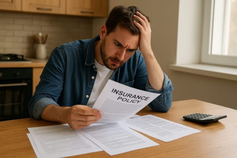 A frustrated NJ homeowner at a kitchen table, reading an insurance policy with papers spread out.