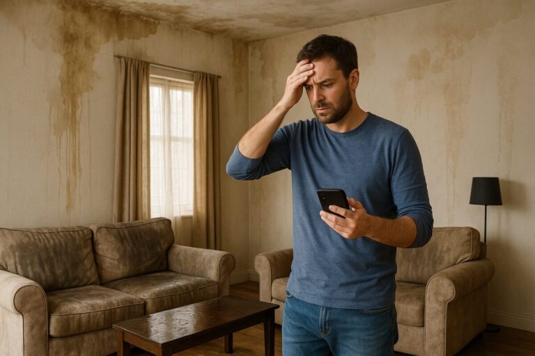 A concerned man holding a phone, standing in a living room with water-stained walls and ceiling damage.