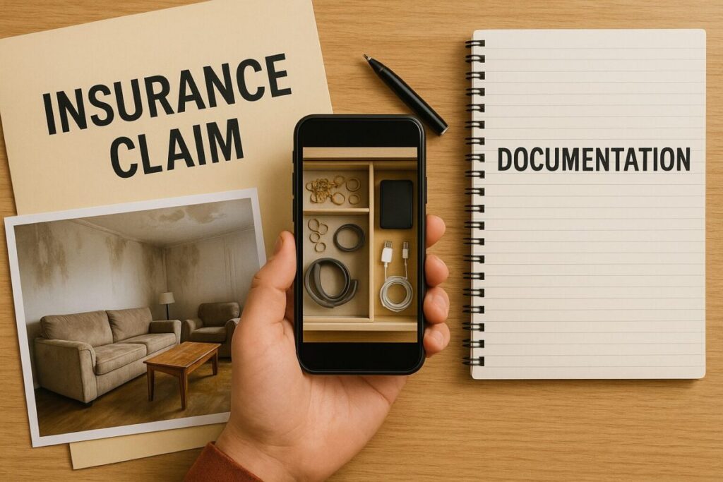 A hand holding a smartphone displaying a photo of valuables, next to a notebook labeled “DOCUMENTS” and a folder marked “INSURANCE CLAIM.”