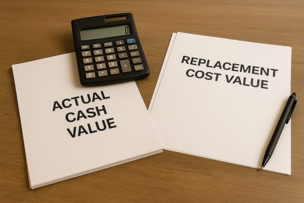actual cash value paper next to replacement cost value paper on a table with a calculator
