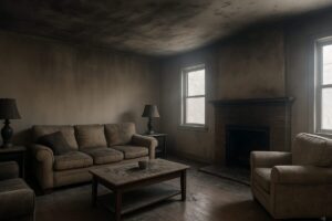 fire damaged living room