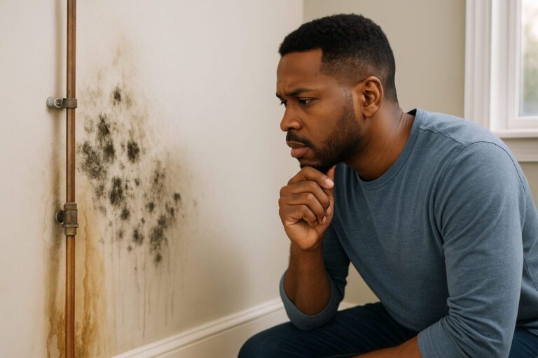 man staring at water damage mold on wall