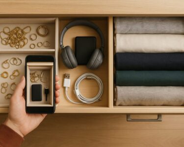 An organized drawer containing electronics and accessories, with a smartphone documenting the contents for inventory or insurance purposes.