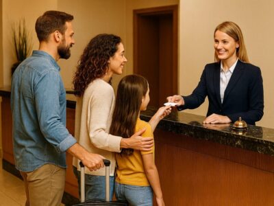 family checking into hotel