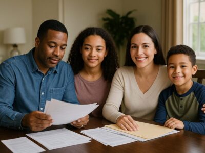 family-sitting-at-table-looking-at-paperwork A diverse NJ family organizing documents at home, looking reassured and prepared.