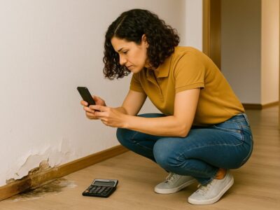 homeowner-kneeling-taking-photo-of-damage-room