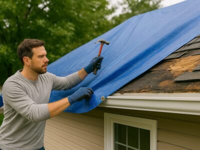 homeowner-putting-tarp-on-roof-damage
