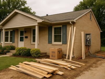 a house with wood pile on the front lawn