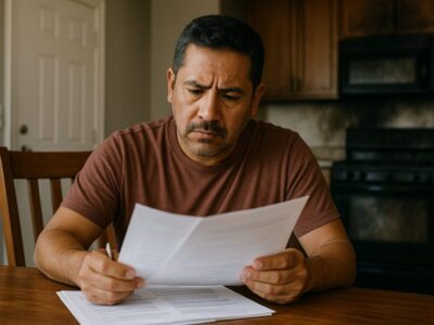 man looking at fire claim paperwork at table