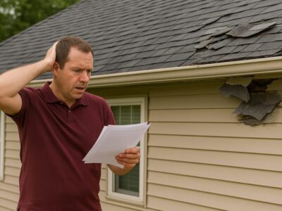 man-papers-roofing-damage man holding papers standing next to home with roofing damage