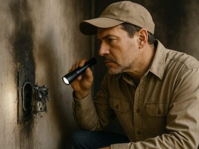 professional fire investigator examining burned outlet
