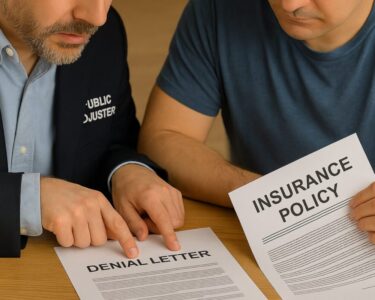 public adjuster looking at insurance policy and denial letter with homeowner