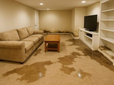 room-damaged-by-water A finished basement with visible water damage after sump pump failure.