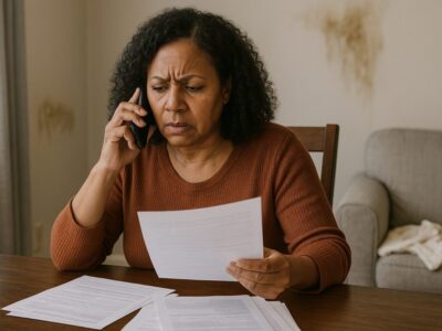 woman on phone looking at insurance policy